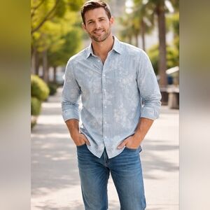 Vintage 90s Eddie Bauer Leaf Leaves Floral striped Dress Shirt Mens Size M